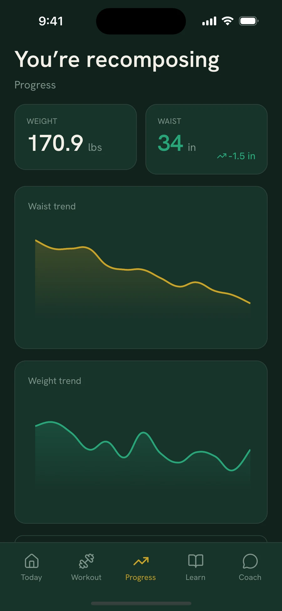 RecompX progress: waist trending down while bodyweight holds steady