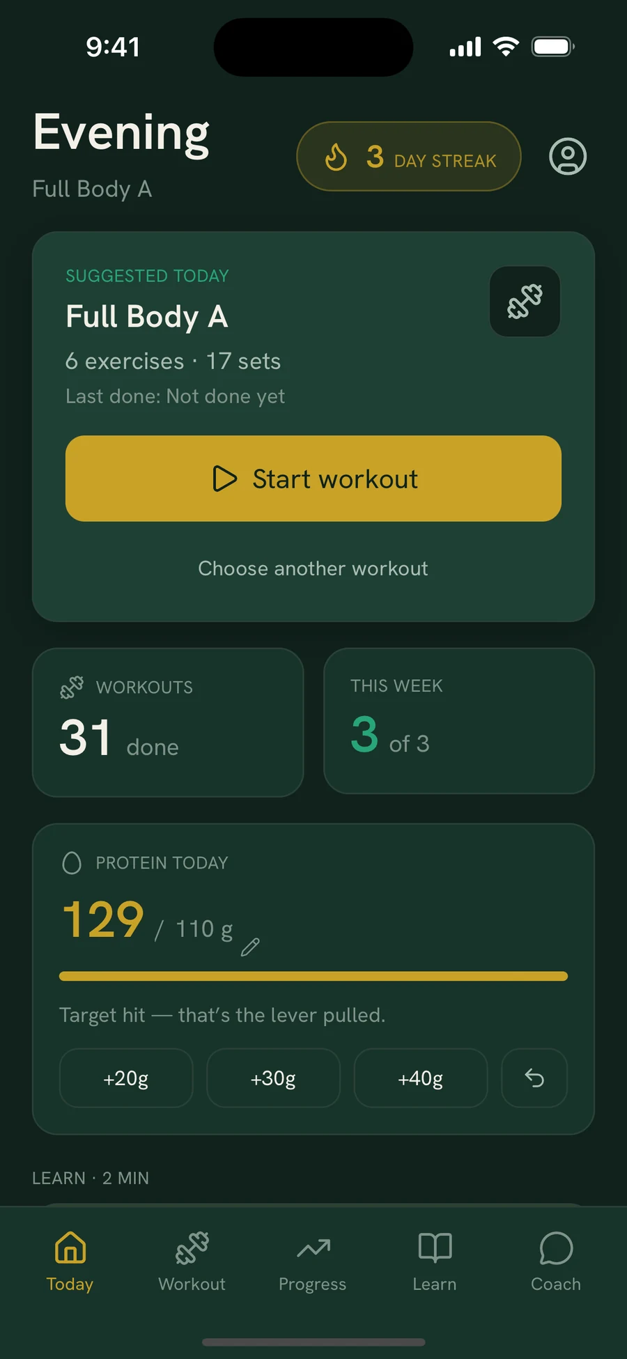 The RecompX Today screen: suggested workout, streak, and protein target