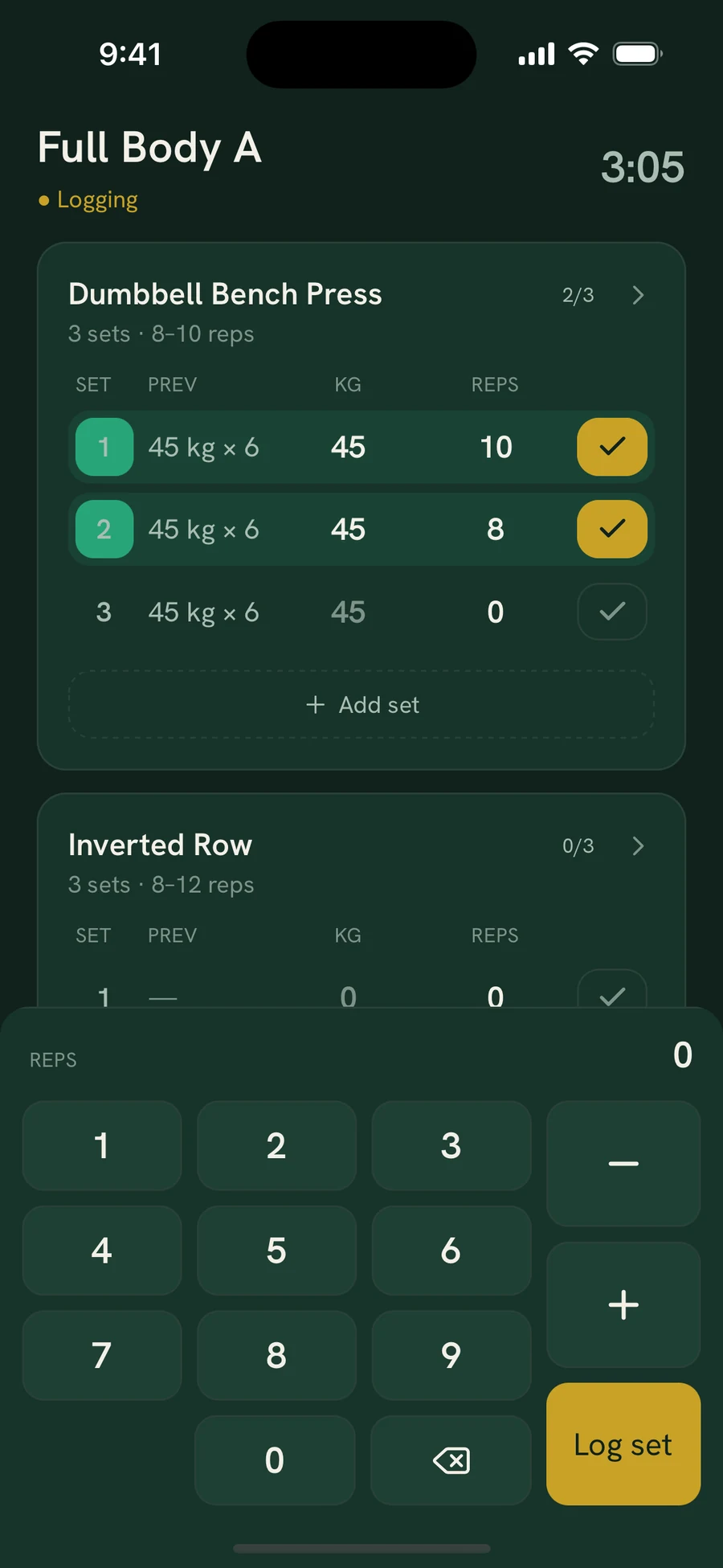 Logging a set of dumbbell bench press in RecompX